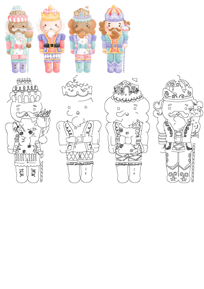 Four vibrant watercolor sweet-themed nutcracker characters, each with dessert hats and festive outfits. Includes matching outlines for creative activities.