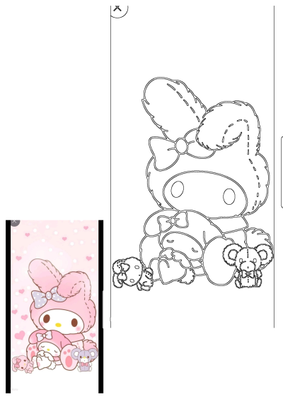 Cute pink My Melody and friends, including a sleeping bunny, a dog, and a koala, presented as both a vibrant cartoon and a detailed outline drawing.