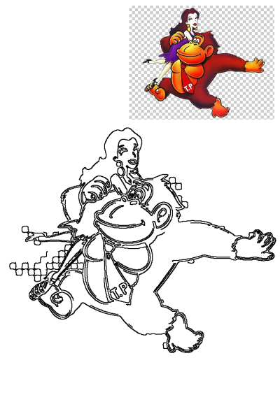 Cartoon monkey with a red tie carrying a woman in a purple dress on its back. High-quality transparent PNG clipart.