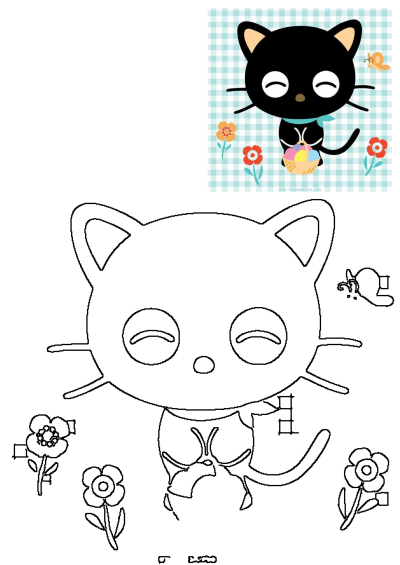 A sweet black cat holds an Easter egg basket, surrounded by flowers and a butterfly on a blue checkered background. Includes an outline version.