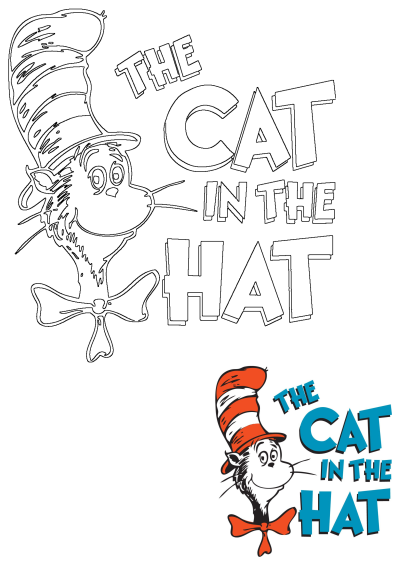 The Cat in the Hat illustration by Dr. Seuss features the character with a red bow tie, striped hat in outline and color.