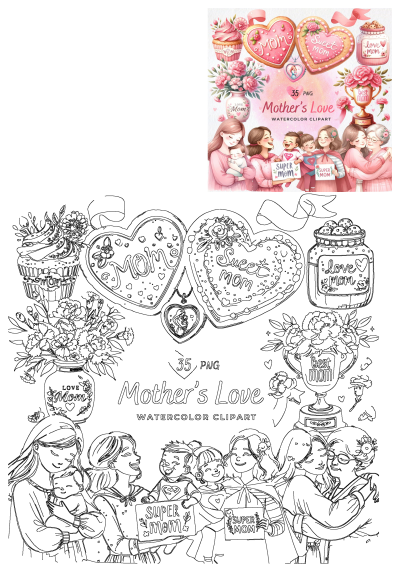 Mothers Day watercolor clipart set featuring moms with children, heart cookies, flowers, and 'Super Mom' signs for maternal love.
