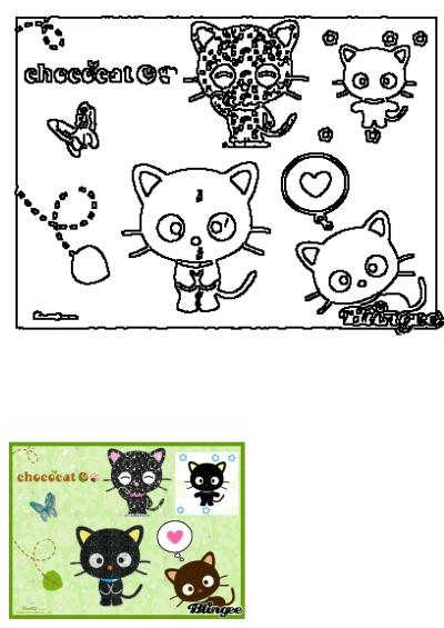 Adorable chocolate Chococat and black Chococats with a blue butterfly on a vibrant green patterned background.