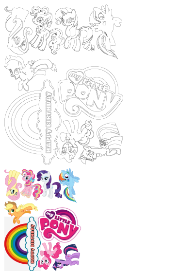 My Little Pony birthday party stickers with colorful ponies, 'Happy Birthday' text, MLP logo, and rainbows. Perfect for crafts!