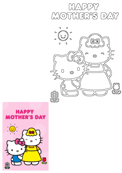 Happy Mothers Day Hello Kitty cartoon with a mother and child, sun, and flowers, presented alongside a black and white outline for coloring.