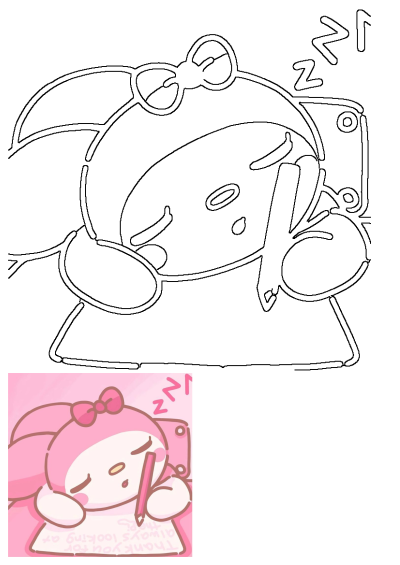 Cute pink cartoon character, similar to My Melody, sleeping soundly while holding a writing pencil, with 'zzz' symbols.