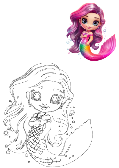 Cute cartoon mermaid with pink hair and a rainbow tail, shown as a colorful illustration and a black-and-white outline.