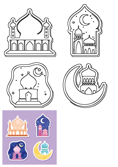 Decorative mosque and crescent moon stickers in various colors on a vibrant purple background, also showing black outline versions.