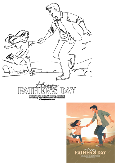 Heartwarming Father's Day card illustration depicting a joyful child holding dad's hand and running together against a sunset backdrop.