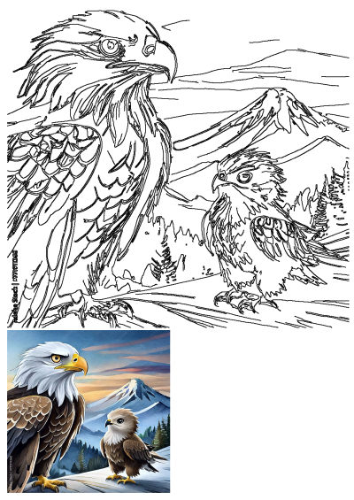 A watercolor style illustration of an adult bald eagle and its eaglet standing in a snowy mountain landscape with pine trees.