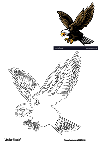 A powerful bald eagle flying, depicted with its magnificent wings spread wide, showcasing sharp talons and claws.