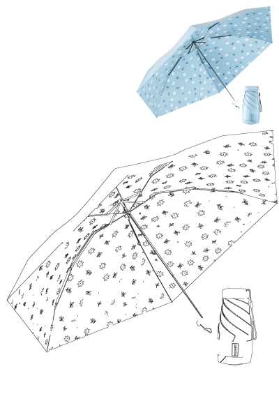 Stylish blue umbrella adorned with white flowers and green leaves, complete with its matching compact case. Includes a line art drawing.