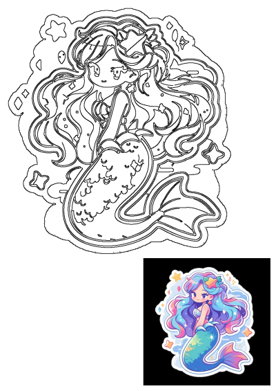 A cute and colorful kawaii mermaid sticker, sitting gracefully on her tail with long flowing hair, a star accessory, and sparkling details.