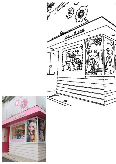 Exterior view of the pink and white Junie Moon shop in Tokyo, featuring Blythe doll displays and Cinderella-themed items in windows.