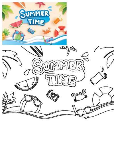 Vibrant Summer Time beach scene illustration with watermelon, palm trees, surfboard, and fun beach items, plus its coloring page.