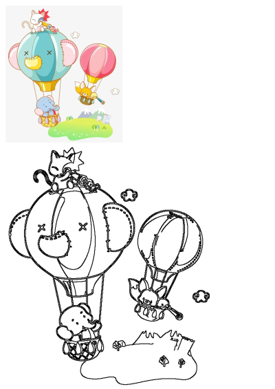 Whimsical illustration of cartoon animals flying in hot air balloons, including a cat, elephant, and fox, soaring above a green landscape.