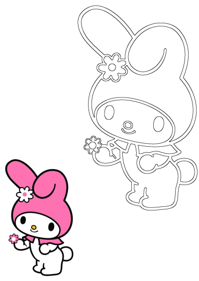 My Melody, the kawaii Sanrio character, with a pink hood holding a flower, next to its outline art version for creative fun.
