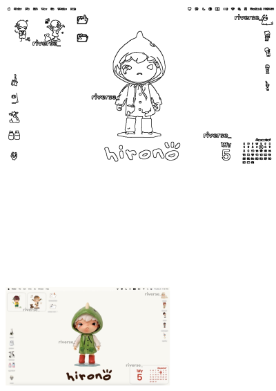 A Hirono doll-themed macOS desktop screenshot with aesthetic custom icons and a central Hirono character.