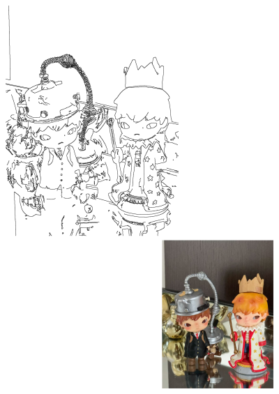 Two collectible figurines: a gentleman with a top hat and a prince with a crown, displayed on a reflective counter surface.