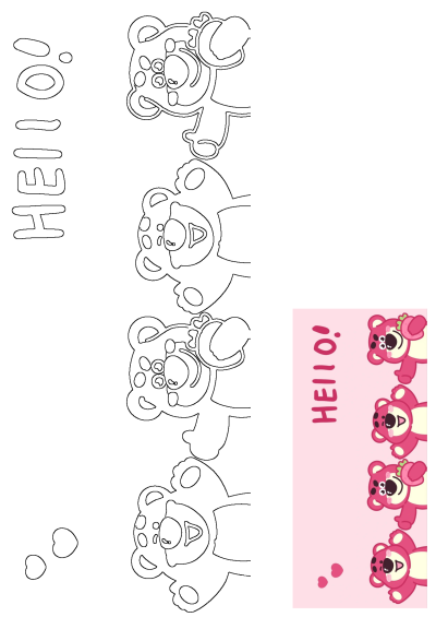 Cute Lotso bears, some holding strawberries, on a pink background with 'HELLO!' greeting. Features both color and outline designs.