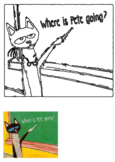 Pete the Cat points to a green chalkboard with 'Where is Pete going?'. Shows vibrant original artwork and a black outline drawing.