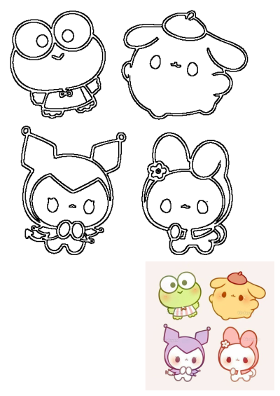 Cute Sanrio characters, Keroppi, My Melody, Pompompurin, and Kuromi, featuring outlines and a colored example on a pink background.