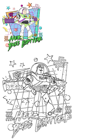 Vibrant illustration of Her Buzz Lightyear, a cartoon character in space suit, with a retro 80s/90s style background and an outline version.