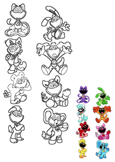 Poppy Playtime Smiling Critters character outlines including CatNap, DogDay, Hoppy Hopscotch, and more, perfect for coloring activities.