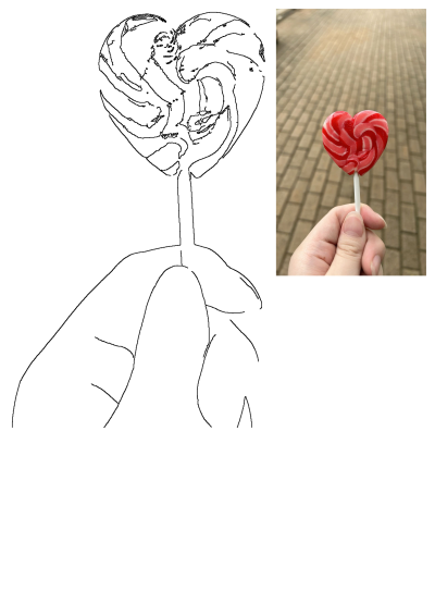 A hand holds a vibrant red and white heart lollipop against a street backdrop, shown as both a photo and a line art drawing.