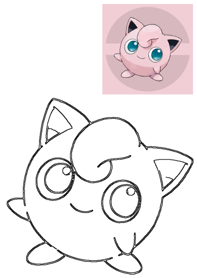 A cute pink Jigglypuff Pokemon character with its signature blue eyes and a black outline drawing of the same character.