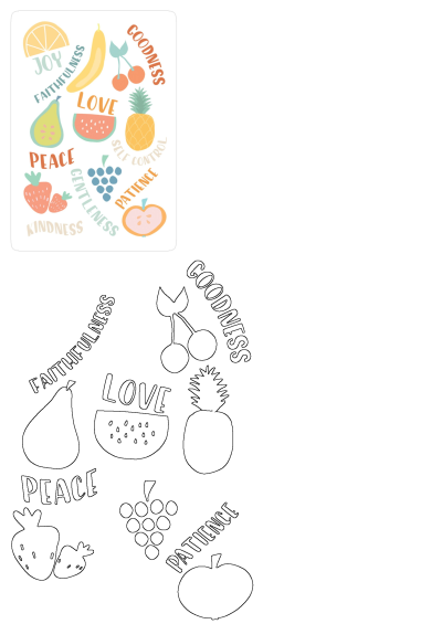 Fruit Sticker Love Peace Happiness Joy, featuring colorful fruit illustrations with words like Faithfulness, Kindness, and Gentleness, plus outlines.