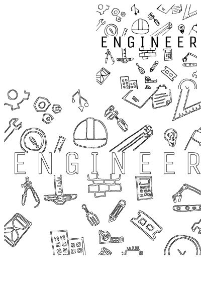 Black and white doodle art featuring "ENGINEER" text and various construction & engineering tools, including hard hat, wrench, and blueprints.