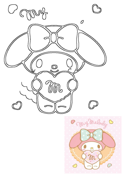 An outline drawing of My Melody, a cute kawaii Sanrio bunny character, holding a heart with an 'm' on it.