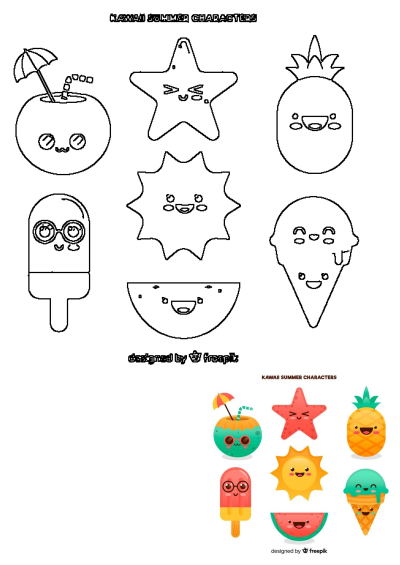 A set of cute kawaii summer characters including ice cream, watermelon, pineapple, sun, starfish, coconut drink, and popsicle.