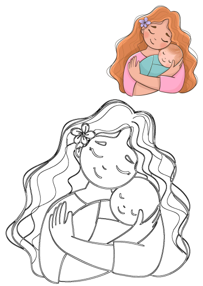 Mother and baby cartoon illustration depicting tender love, with the mother gently holding her infant, and an accompanying outline version.