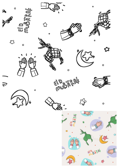 Festive Eid Mubarak seamless pattern with praying hands, crescent moon, star, and traditional ketupat for Islamic celebrations.