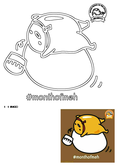 Gudetama, the lazy egg character, depicted sleeping peacefully on an eggshell. This detailed line art features the #monthofmeh hashtag.