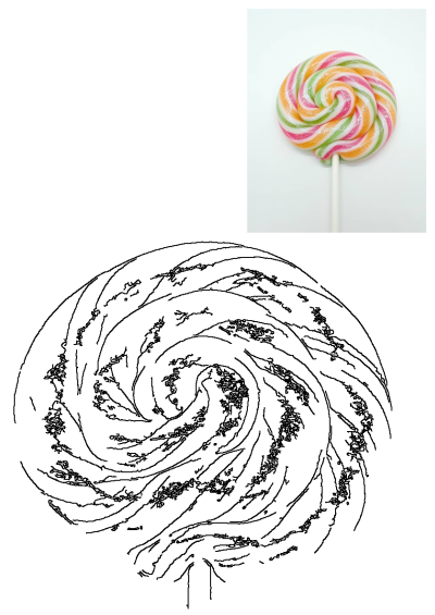 A vibrant colorful spiral lollipop on a white stick, alongside a black and white line art drawing of the same lollipop, perfect for coloring.