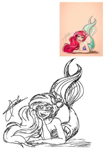 Little Mermaid Ariel laying down with vibrant pink hair, a purple top, and green tail. This image includes a coloring page outline.