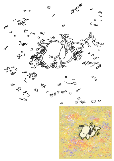 Happy Snoopy joyfully dancing in a vibrant flower field. This outline captures the beloved beagle's playful spirit amidst colorful blossoms.