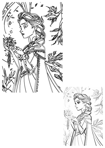 Elsa, the Ice Queen princess from Disney's Frozen, delicately holding a snowflake in her hands, depicted in a black and white outline drawing.