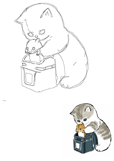 Cute drawing of a fluffy cat playing gently with a tiny hamster peeking from a small carrier bag. Adorable animal art.