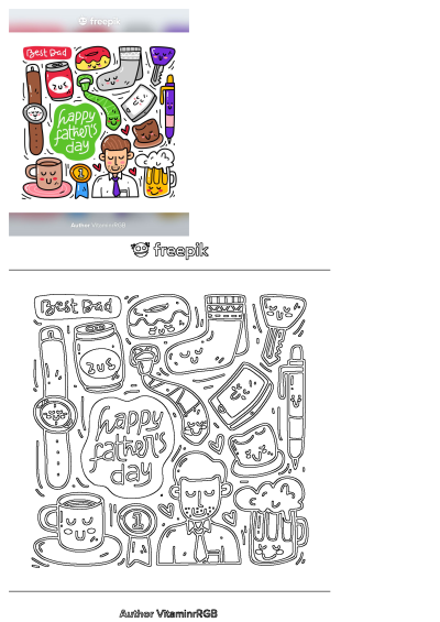 A cheerful Happy Father's Day doodle illustration, showcasing popular gifts and symbols like a watch, donut, coffee, beer, and a 'Best Dad' badge.