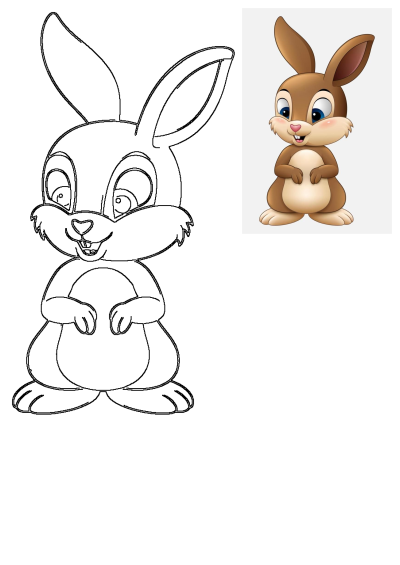 A cute cartoon brown rabbit sitting, with bright blue eyes and a happy smile. Also featured is an outline drawing of the same bunny.