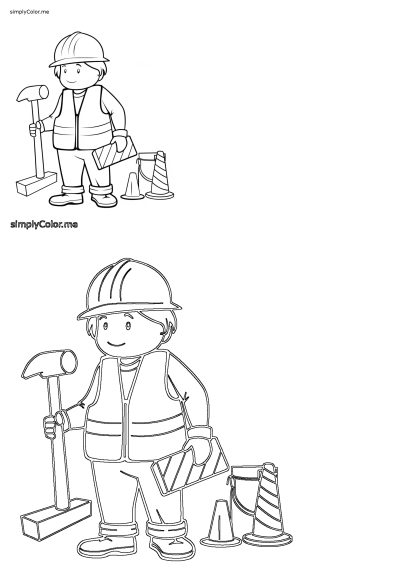 Line art of a cartoon construction worker wearing a hard hat and safety vest, holding a hammer, with traffic cones and a bucket nearby.