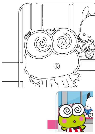 Keroppi and Pochacco on a train. Keroppi appears surprised with his spiral eyes, while Pochacco is seen reading a book nearby.