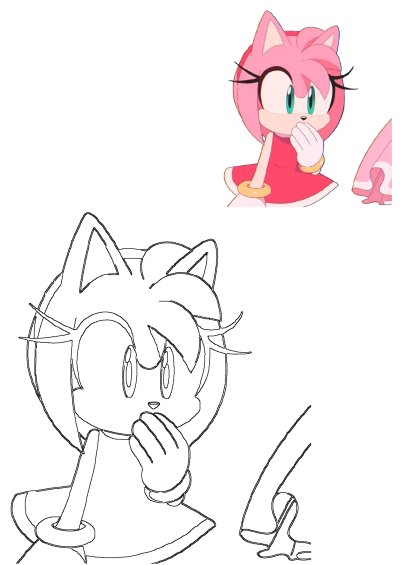 Amy Rose Sonic Cartoon Character with pink hair, green eyes, and a red dress in a surprised pose. Also features a line art drawing.