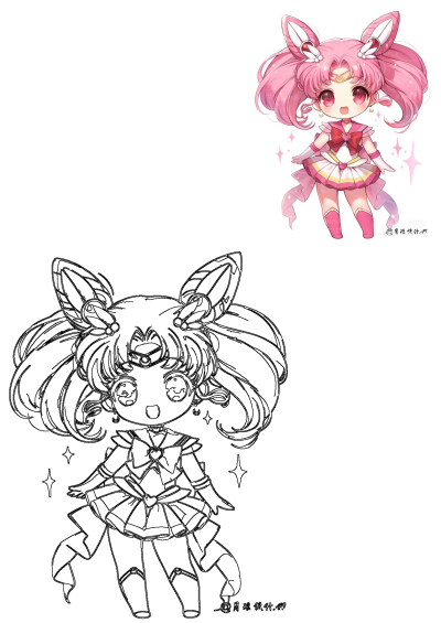 Vibrant chibi Sailor Chibi Moon anime character with pink hair and bunny ears, shown as a full-color illustration and outline drawing.