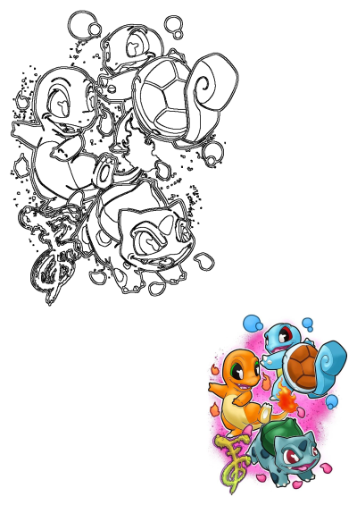 Dynamic illustration featuring Charmander, Squirtle, and Bulbasaur playing, alongside a detailed black and white outline.