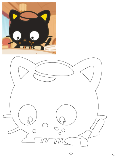 Cartoon black cat with yellow ears sitting at a table with a bowl. Includes an outline drawing for kids to color.